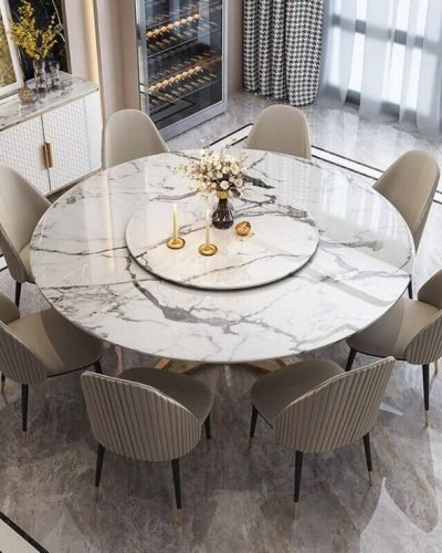 Contemporary Round Lazy Susan Marble Dining Table With 6 Chairs - Online Furniture Store - My Aashis
